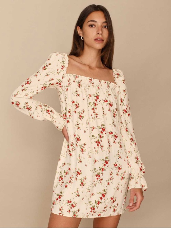 Reformation Dresses & Skirts - Reformation Hudsen Babydoll Mini Dress Floral Smocked Cottagecore Long Sleeve L